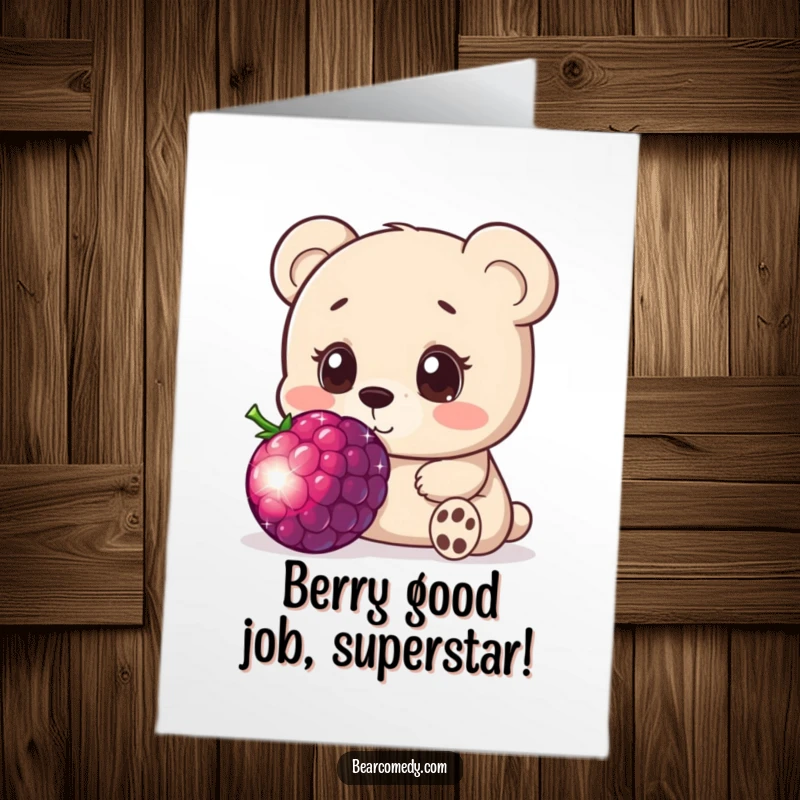Funny Free Printable Congratulations Card: A curious bear with innocent eyes investigates a large, shimmering berry.