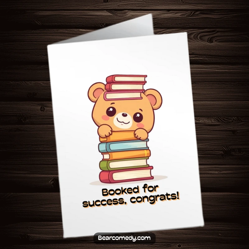 Funny Free Printable Congratulations Card: A bear peeks delightfully from behind a pile of books, celebrating a newfound success.