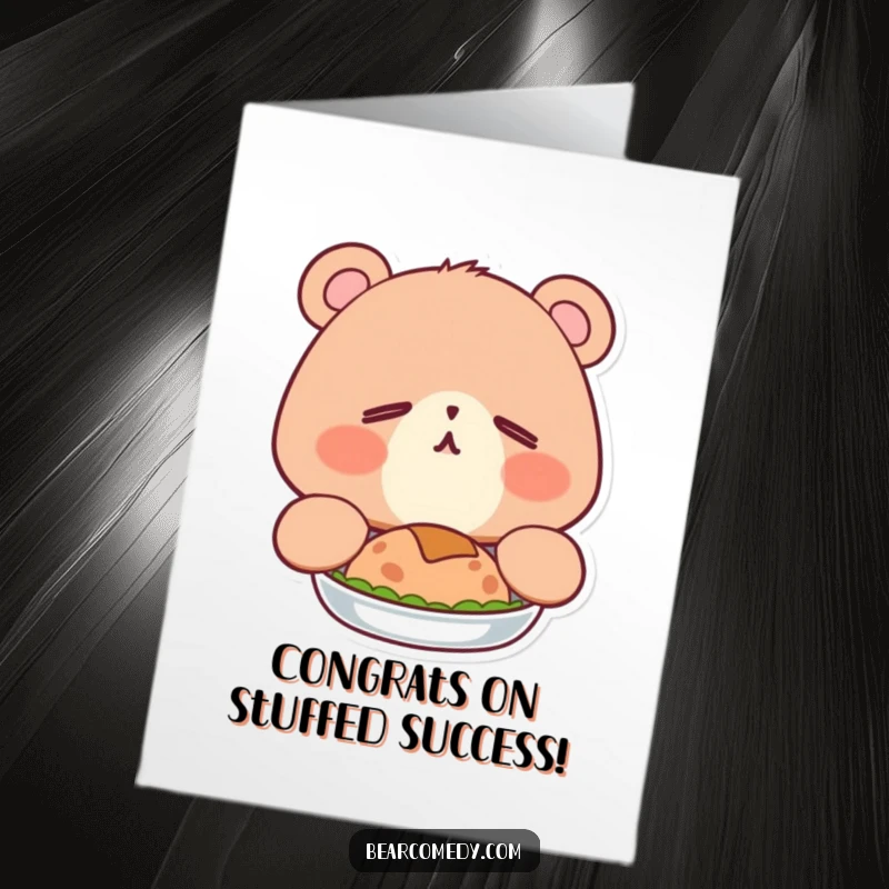 Funny Free Printable Congratulations Card featuring a happy, sleepy bear yawning after a satisfying meal.