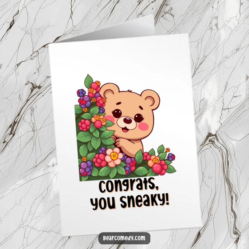 Funny Free Printable Congratulations Card featuring a mischievous bear peeking playfully from a berry bush.
