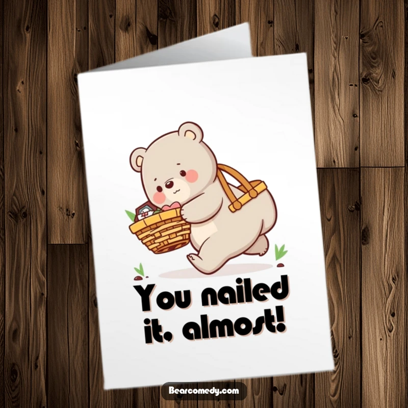 Funny Free Printable Congratulations Card: A playful bear comically tripping while carrying a giant picnic basket, celebrating your success.