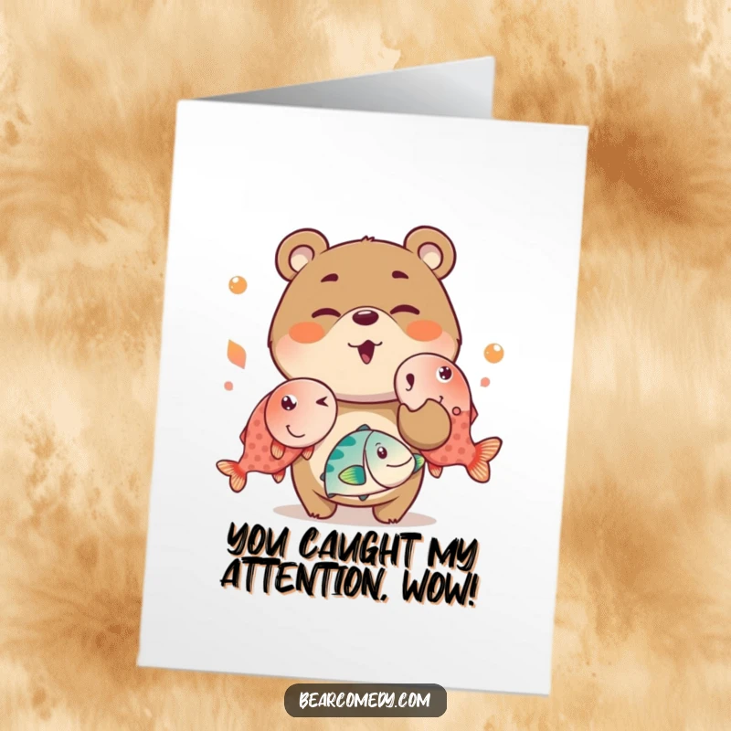 Funny Free Printable Congratulations Card: A mischievous bear winks playfully while juggling oversized, vibrant fish, a triumphant display.