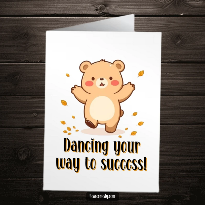 Funny Free Printable Congratulations Card: A bear performs a happy, lumbering dance surrounded by swirling autumn leaves, celebrating a win.
