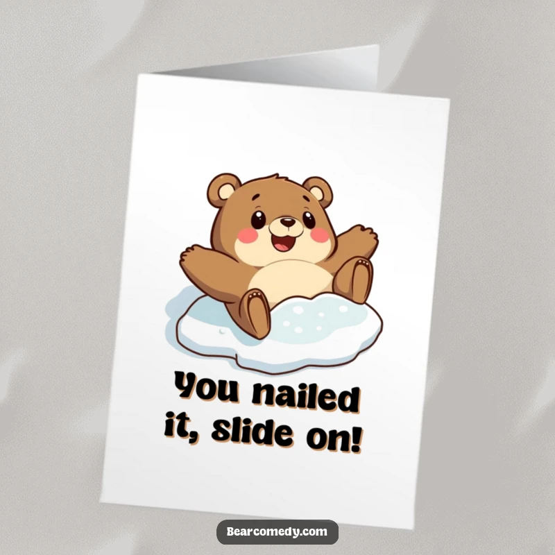 Funny Free Printable Congratulations Card: A bear slides comically on ice, experiencing surprised delight.