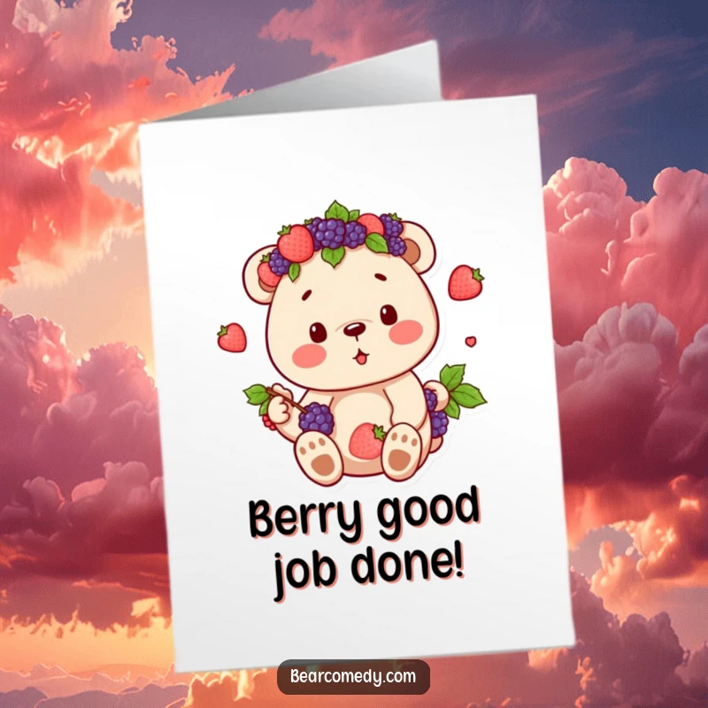 Funny Free Printable Congrats Card: Bear crowned with berries, savoring the sweet bounty of success.