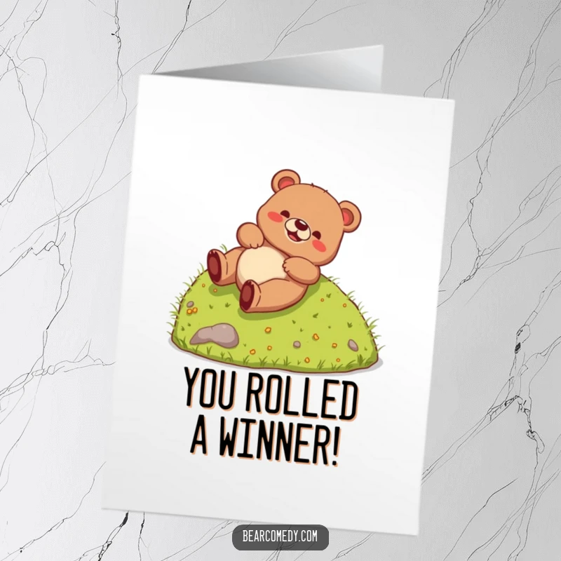 Funny Free Printable Congratulations Card: A bear animal joyfully rolling down a hill, celebrating a fantastic achievement.