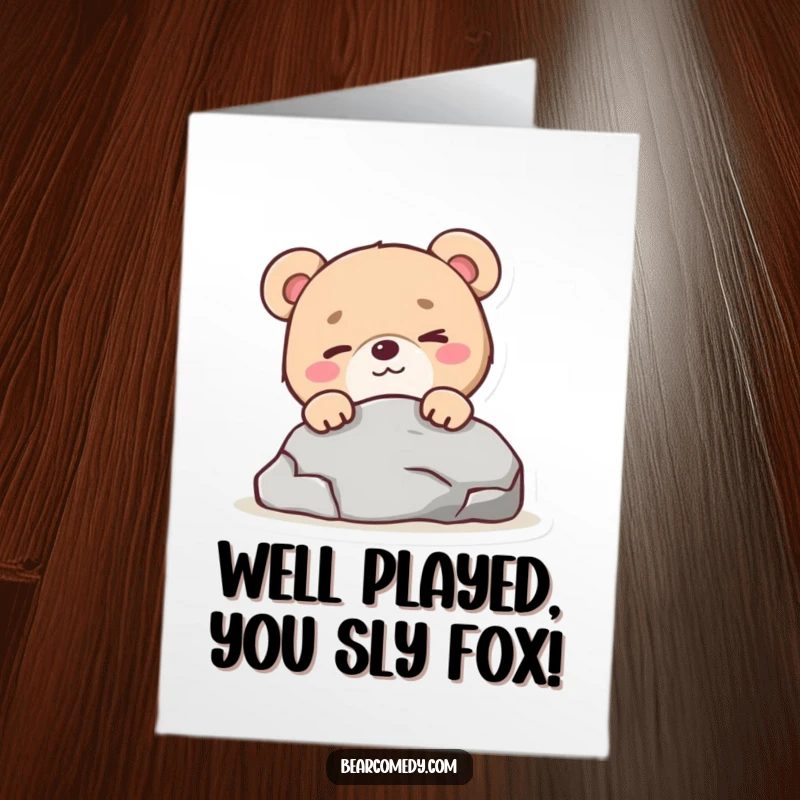 Funny Free Printable Congratulations Card: A mischievous bear winks cheekily as it peeks from behind a rock, celebrating your win.