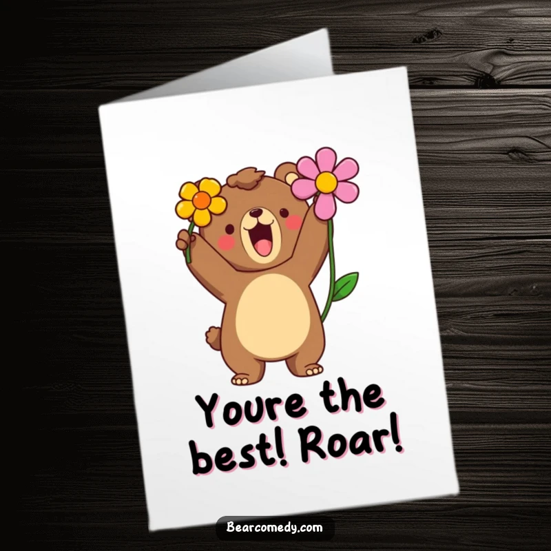 Funny Free Printable Congratulations Card: A bear lets out a proud roar, triumphantly holding a vibrant flower aloft.