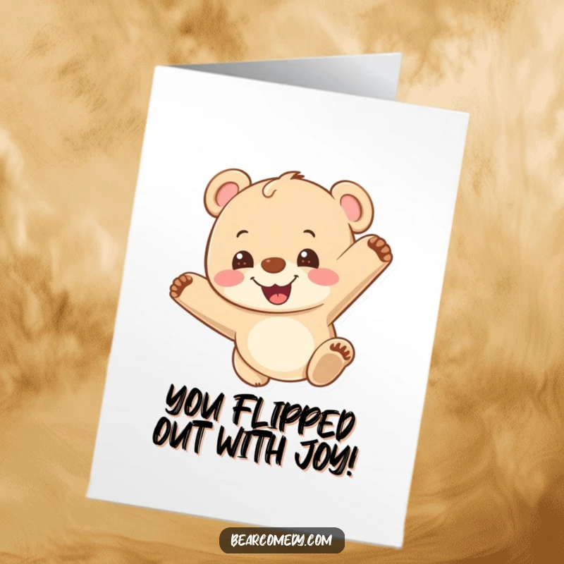 Funny Free Printable Congratulations Card: A bear cub performing a somersault, celebrating a great achievement, a downloadable gift.