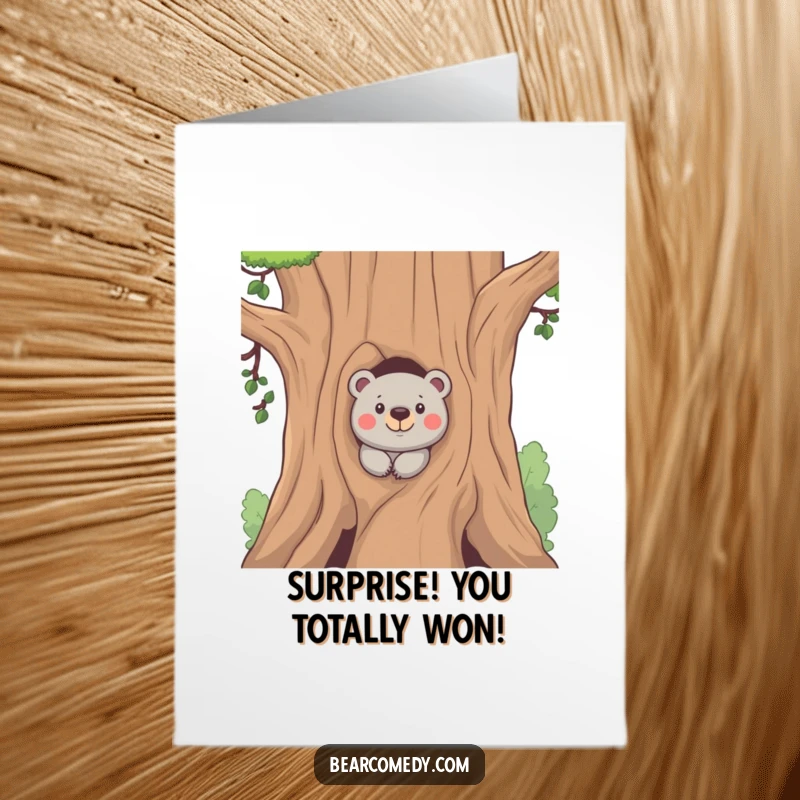Funny free printable congratulations card featuring a bear peeking with a mischievous look from behind a big tree.