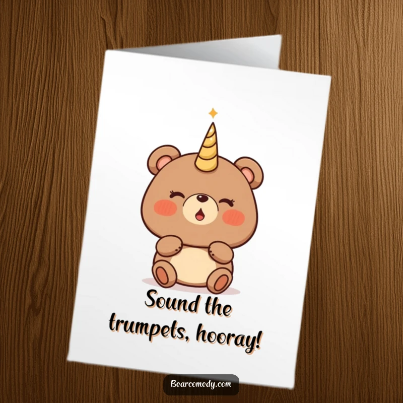 Funny Free Printable Congratulations Card: A bear with puffed cheeks and rosy glow, about to play a magical horn.