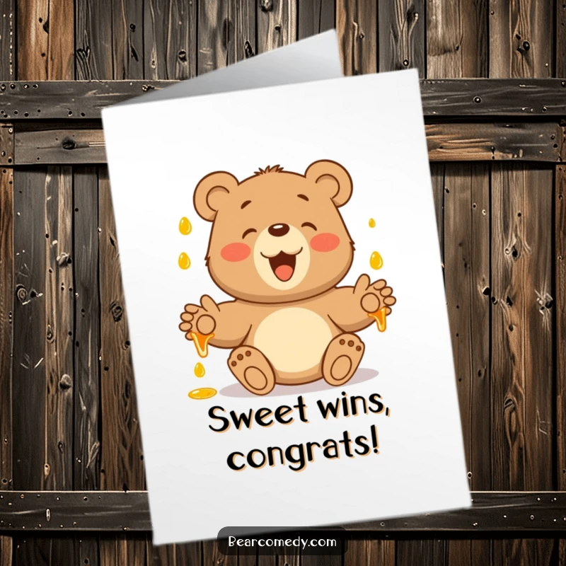 Funny Free Printable Congratulations Card featuring a bear joyfully catching falling honey with its paws.