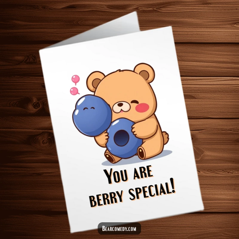 Funny Free Printable Congratulations Card: A bear with a happy sigh devours a giant blueberry, celebrating sweet success.