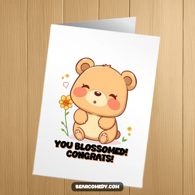 Funny Free Printable Congrats Card: Cheerful bear blowing pollen, happy sigh, celebrating success.