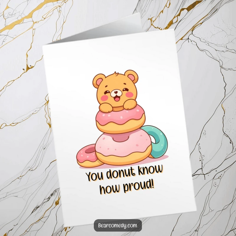 Funny Free Printable Congratulations Card: A delighted bear proudly balances a towering stack of colorful, giant donuts, a sweet victory.