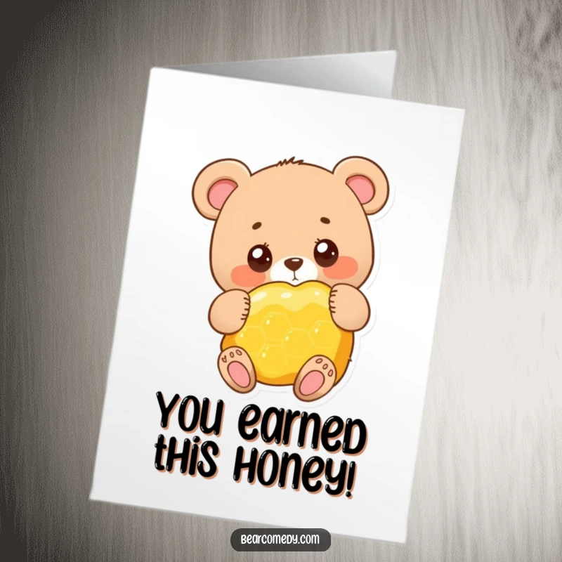 Funny Free Printable Congratulations Card: Bear hugging a giant honeycomb, conveying massive congratulations with a sweet smile.