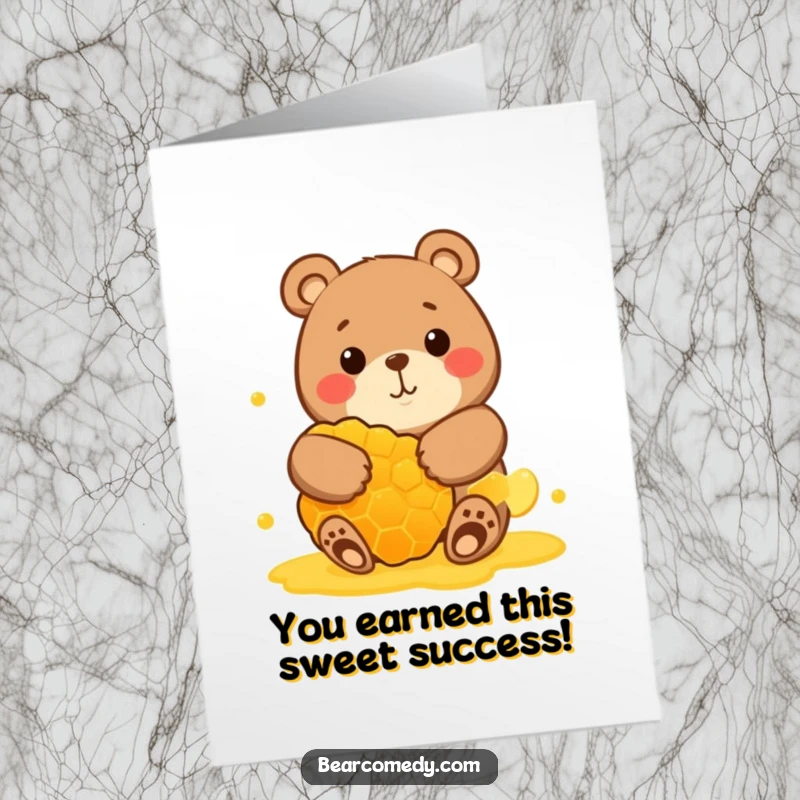 Funny Free Printable Congratulations Card featuring a round bear hugging a giant honeycomb with a happy expression.
