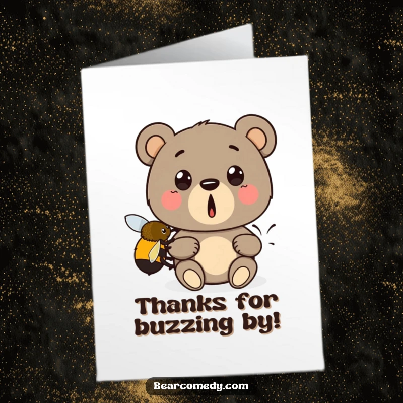 Funny Free Printable Thank You Card: A charming bear gets a little lift from a bumblebee, showing gratitude playfully.