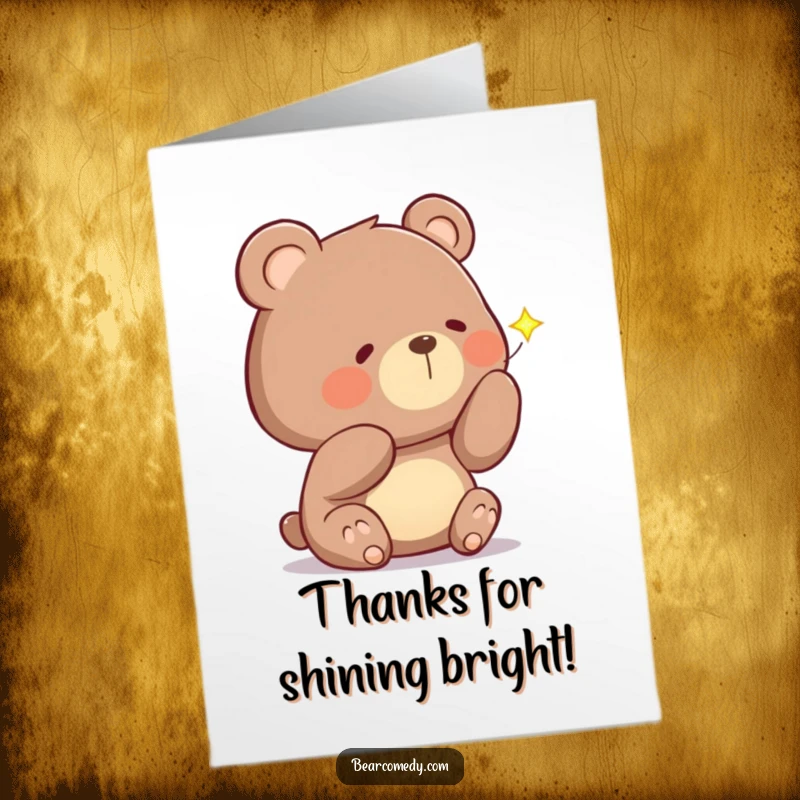 Funny Free Printable Thank You Card of a curious bear tilting its head to examine a firefly.
