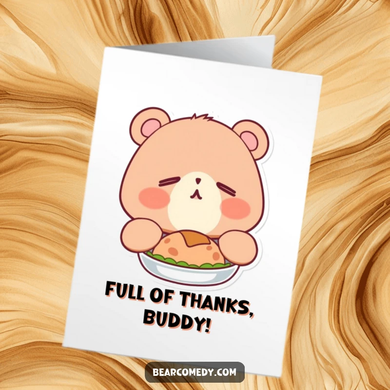 Funny Free Printable Thank You Card of a bear with sleepy eyes yawning sweetly after eating well.