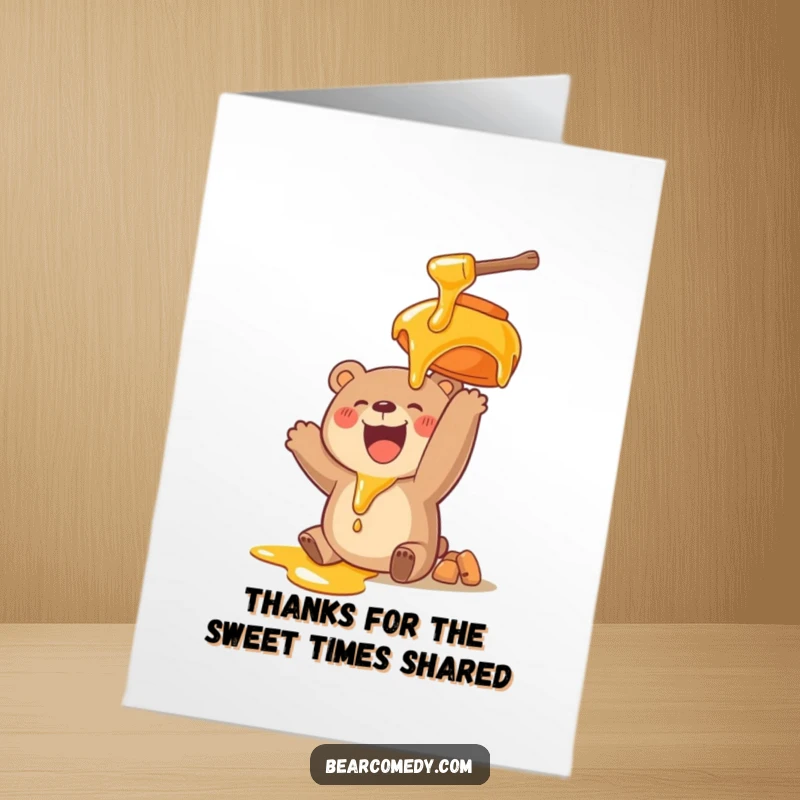 Funny Free Printable thank you card, bear happily reaching for honey pot, expressing gratitude, downloadable.