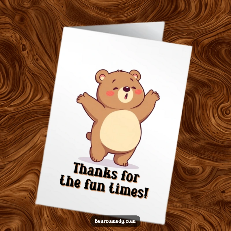 Funny Free Printable Thank You Card: A bear with a rumbling tummy doing a hilarious, energetic dance of gratitude.