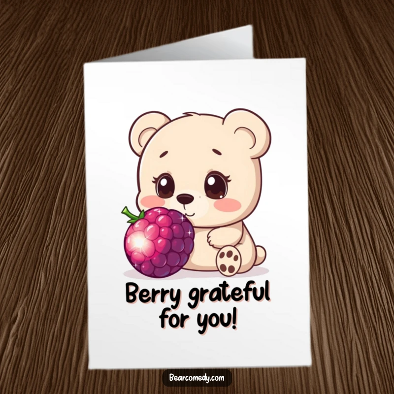 Funny Free Printable Thank You Card: A bear with innocent eyes is captivated by a giant, sparkling berry.