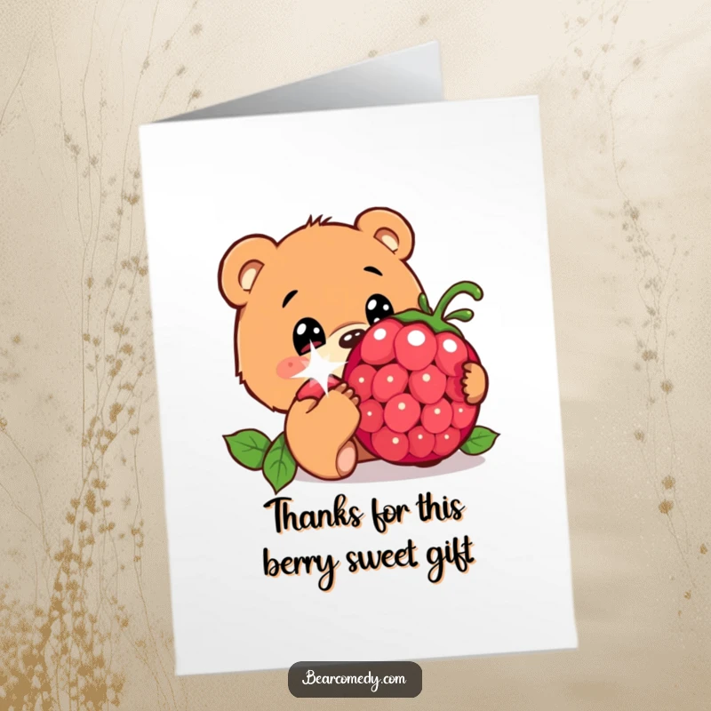 Funny Free Printable thank you card, bear curiously sniffing giant sparkling berry, innocent eyes, expressing thanks, downloadable.