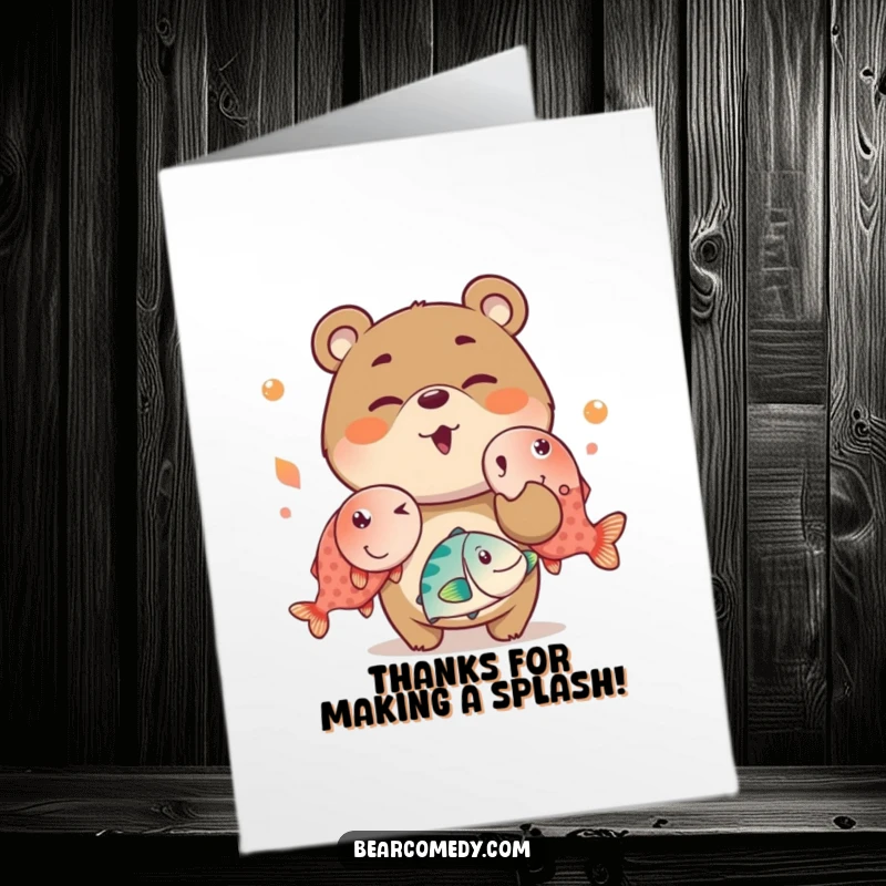 Funny Free Printable Thank You Card: A mischievous bear winks while juggling bright, oversized fish, a thank you with flair.