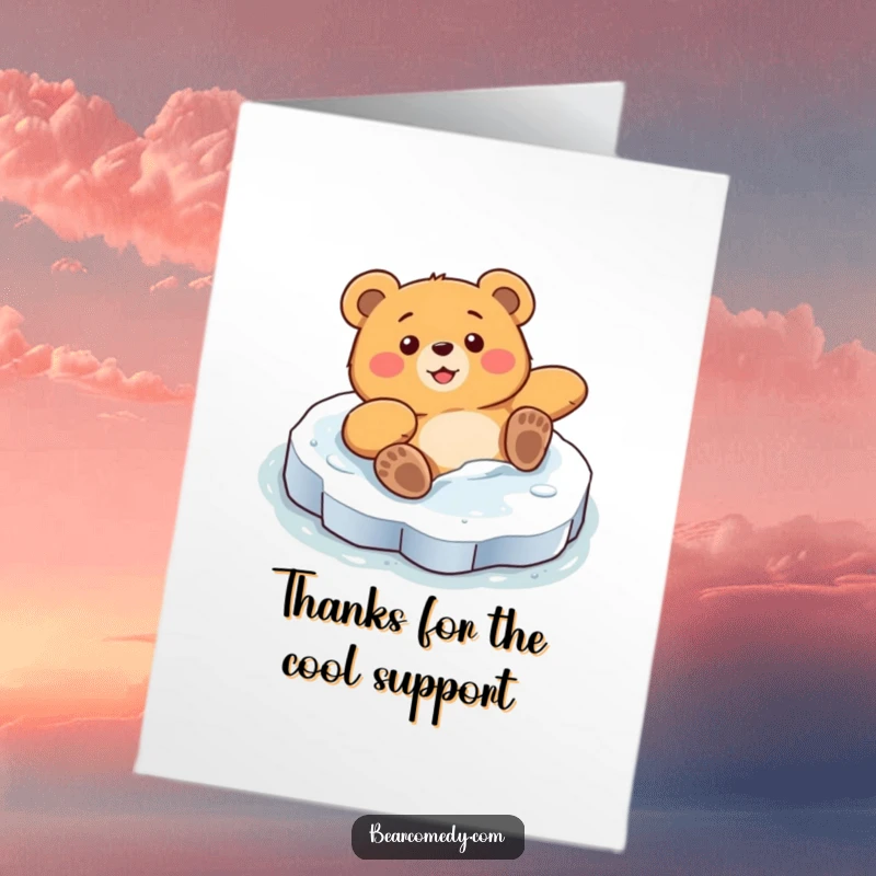 Funny Free Printable thank you card, bear comically sliding on ice, surprised delight, expressing thanks, downloadable.
