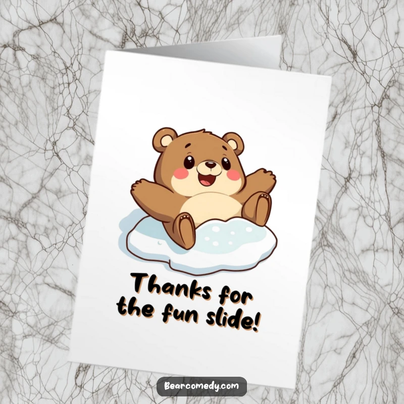 Funny Free Printable Thank You Card: A bear comically slides on ice, expressing surprised delight.