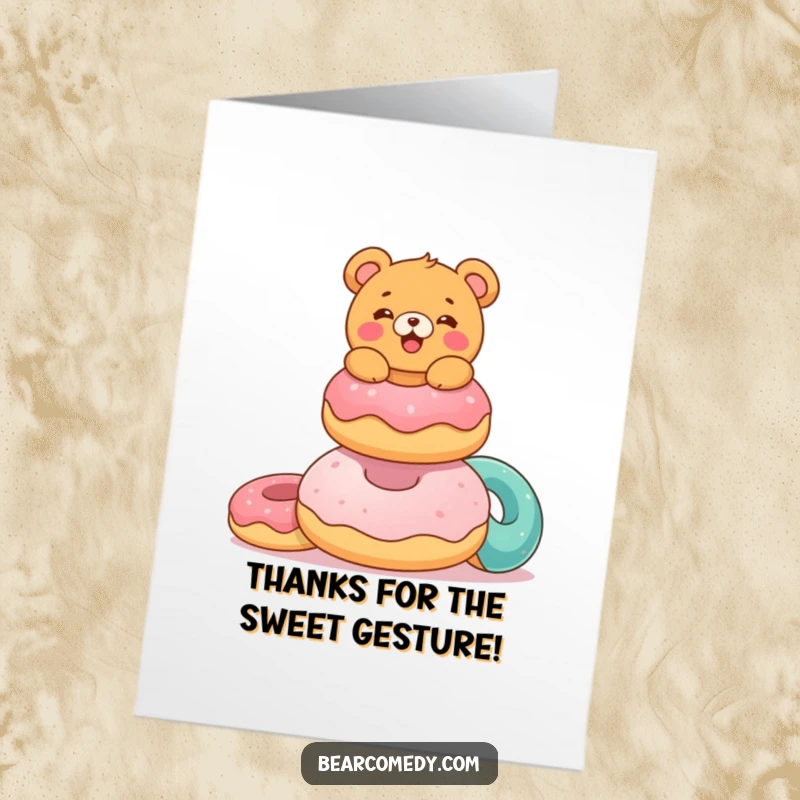 Funny Free Printable Thank You Card: A delighted bear balances a stack of colorful donuts, a sweet expression of thanks.