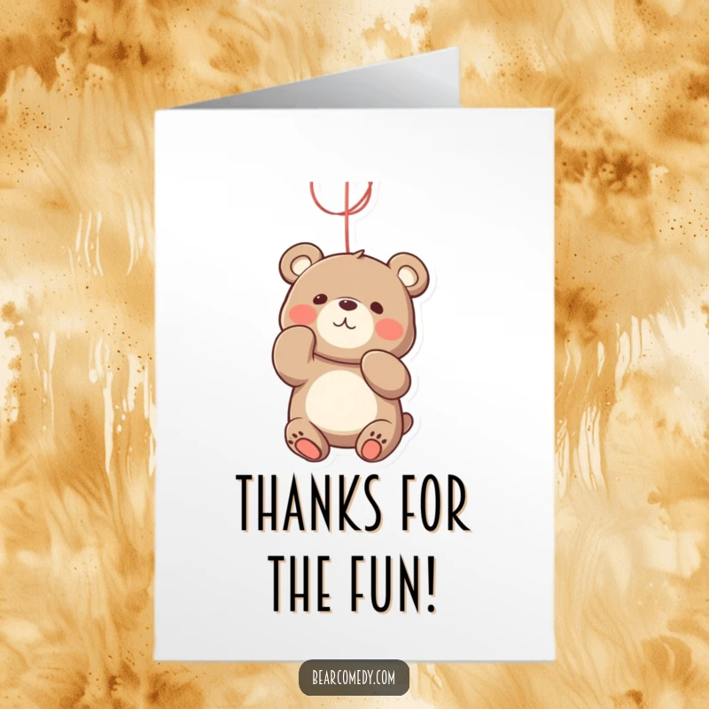 Funny Free Printable Thank You Card: A bear engrossed in playfully batting at a dangling, colorful string.