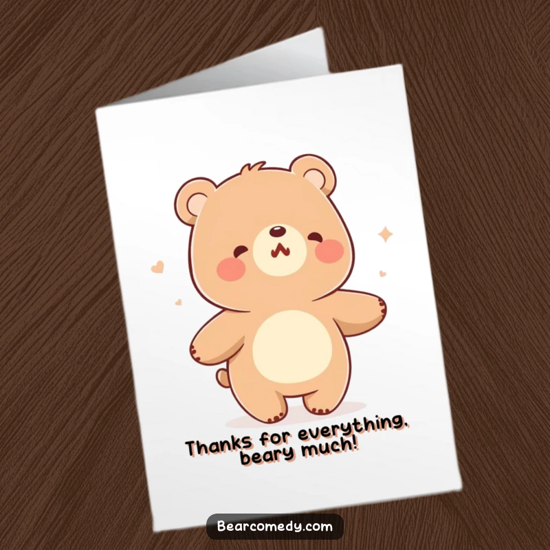 Funny Free Printable Thank You Card: A delightful bear hums and sways, expressing thanks with cheerful movement and a gentle breeze.