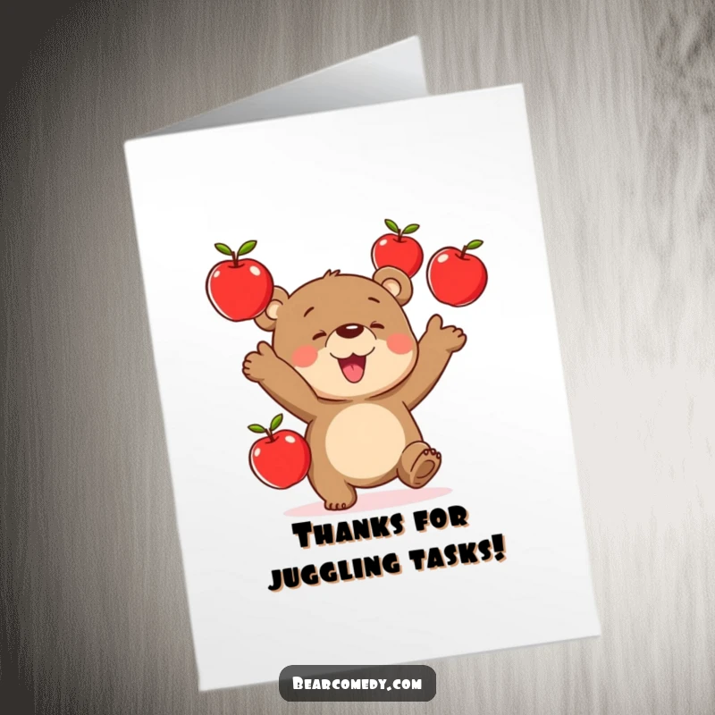 Funny Free Printable Thank You Card: A bear deftly juggles three shiny red apples, expressing thanks with a joyful and skilled performance.
