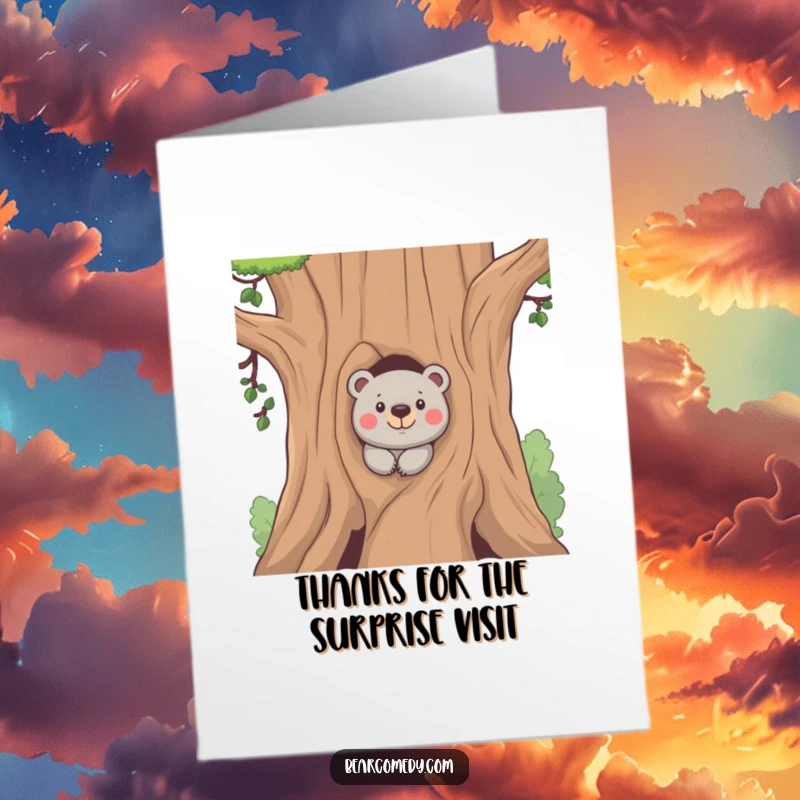 Funny free printable thank you card of a bear peeking from behind a tree with a mischievous, playful grin.