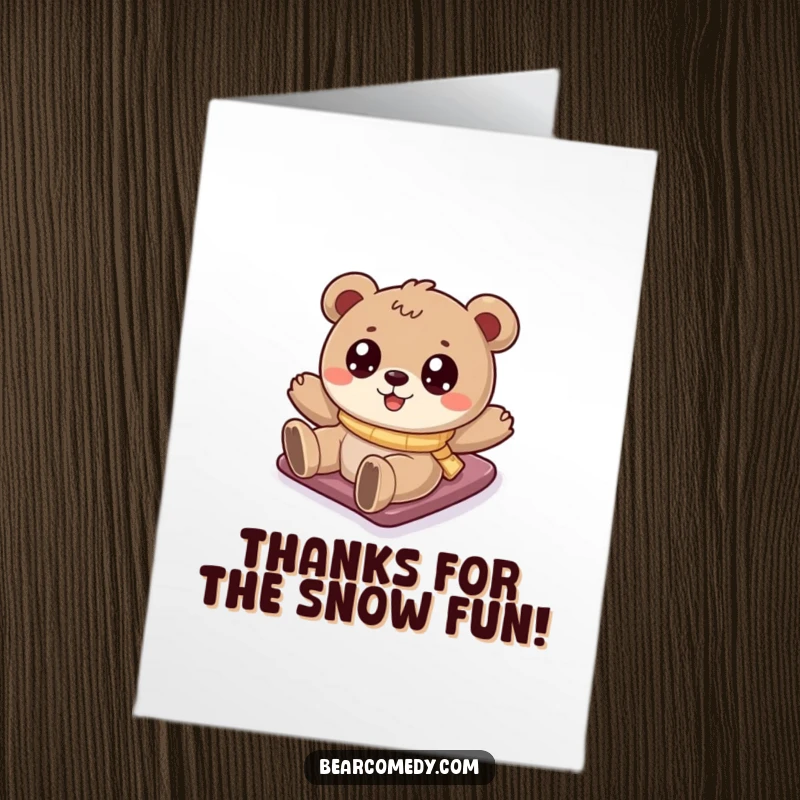 Funny Free Printable Thank You Card: A cartoony bear with sparkling eyes joyfully slides down a snowy hill, sending cool thanks.