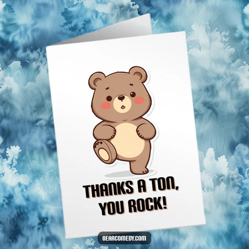 Funny Free Printable Thank You Card: A bear happily stomps its foot, delivering a playful and heartfelt thank you message.