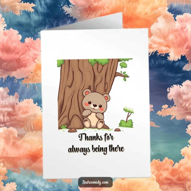 Funny Free Printable Thank You Card: A bear with curious paws peeks from behind a friendly tree, offering sweet gratitude.