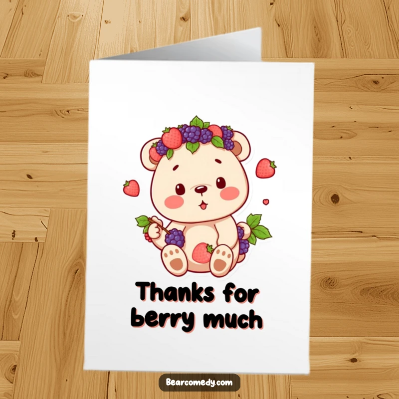 Funny Free Printable Thank You Card: Bear with a berry crown, enjoying the sweet bounty with contentment.