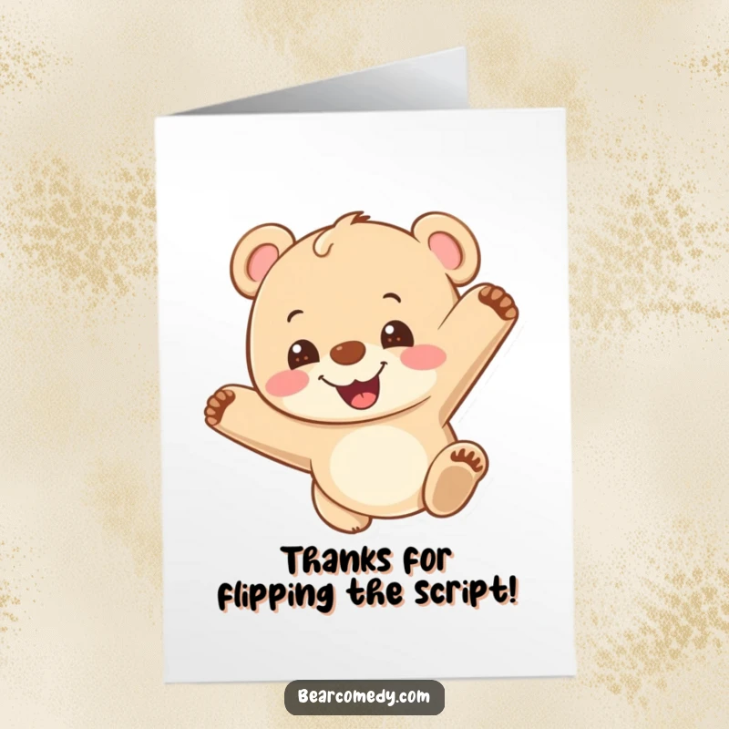 Funny Free Printable Thank You Card: A bear cub doing a somersault, showing thanks with a happy grin, a downloadable gift.