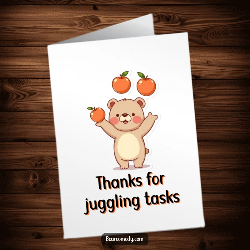 Funny Free Printable Thank You Card: Amused bear juggling three shiny apples, a lighthearted way to express gratitude.