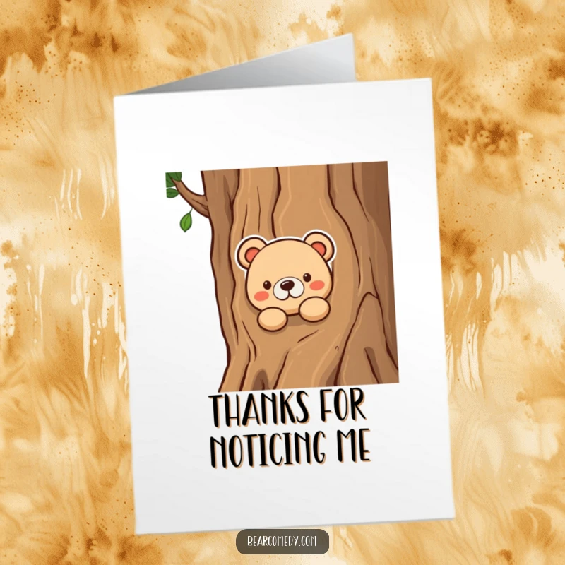 Funny Free Printable Thank You Card: Bear playfully peeking around a tree trunk, looking inquisitive.