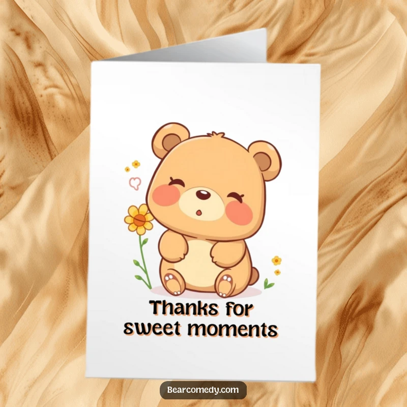 Funny Free Printable Thank You Card: Content bear blowing pollen, happy sigh, expressing thanks.