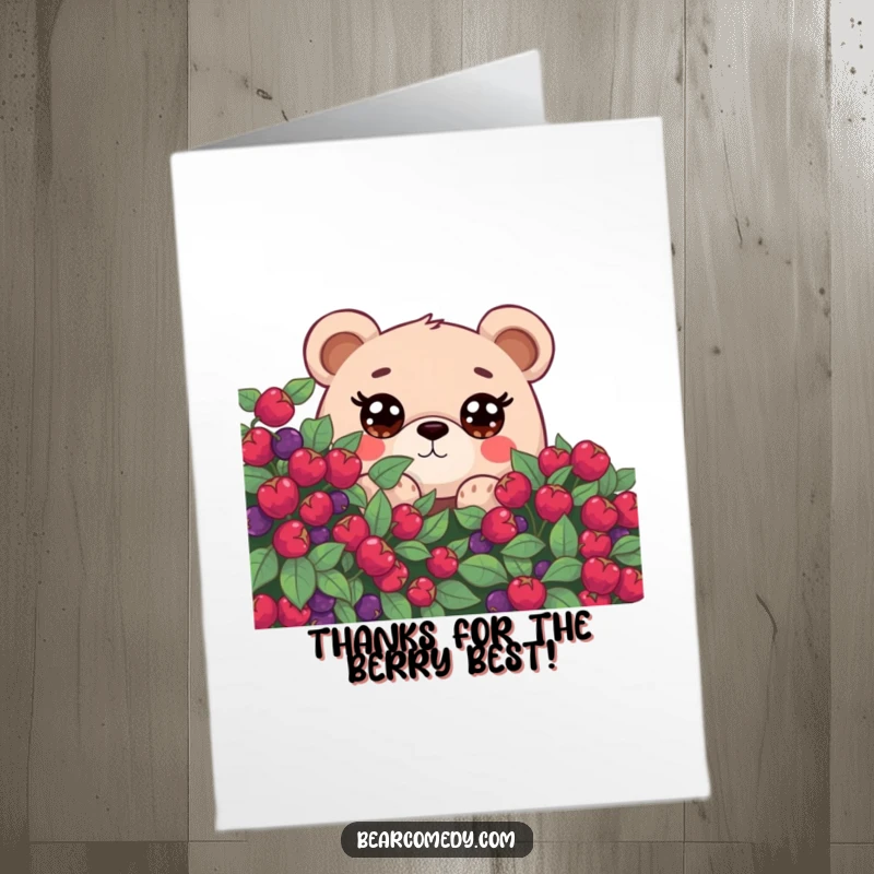 Funny Free Printable Thank You Card: A bear with wide, curious eyes peeking from behind a berry bush, sending thanks.