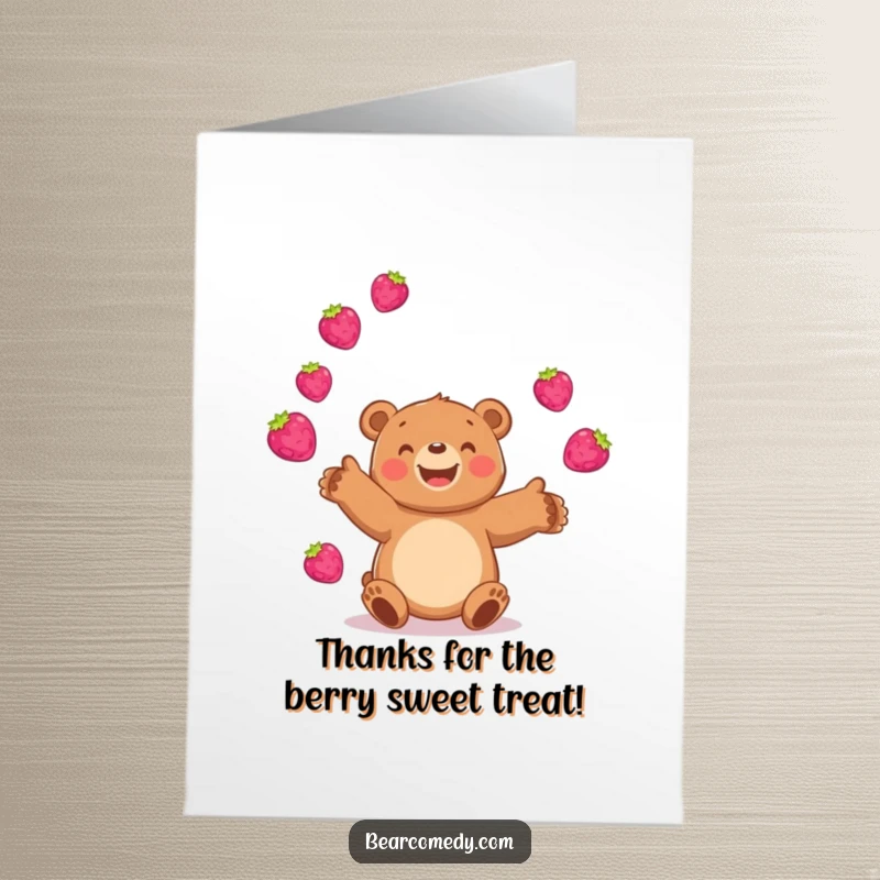 Funny Free Printable Thank You Card: A happy bear juggles bright, bouncing berries, offering a sweet and fruitful thank you.