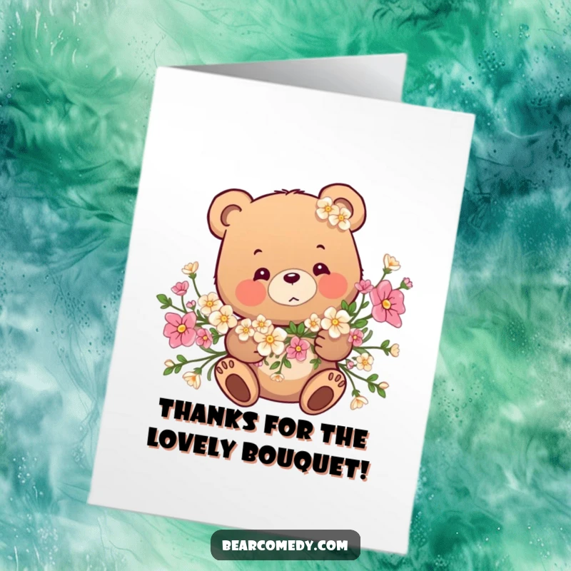 Funny Free Printable Thank You Card: A bear is charmingly tangled in a sweet flower garland, expressing thanks playfully.