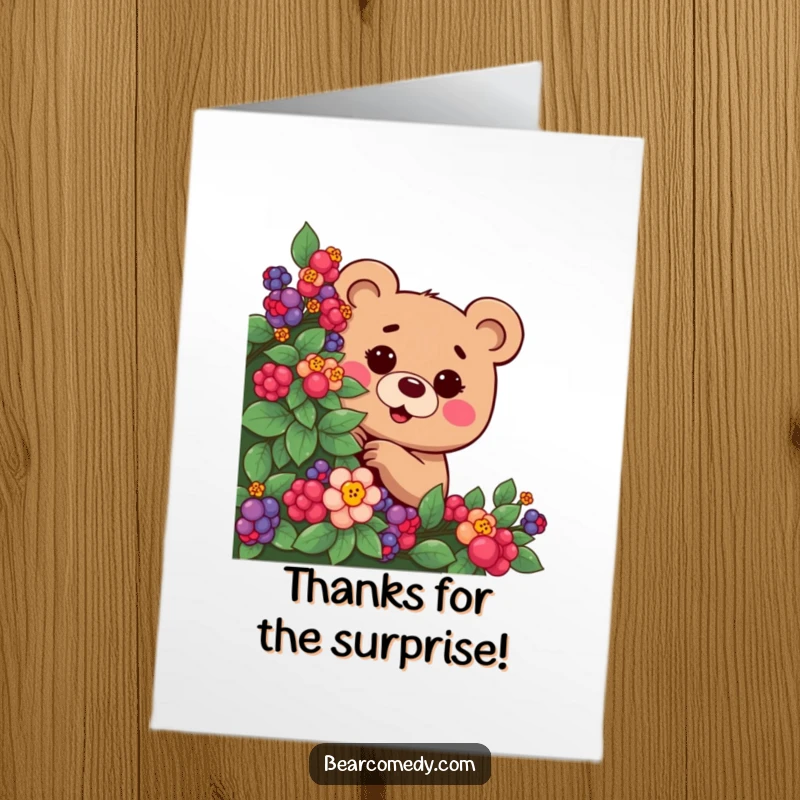 Funny Free Printable Thank You Card of a bear with a mischievous twinkle peeking from behind berries.