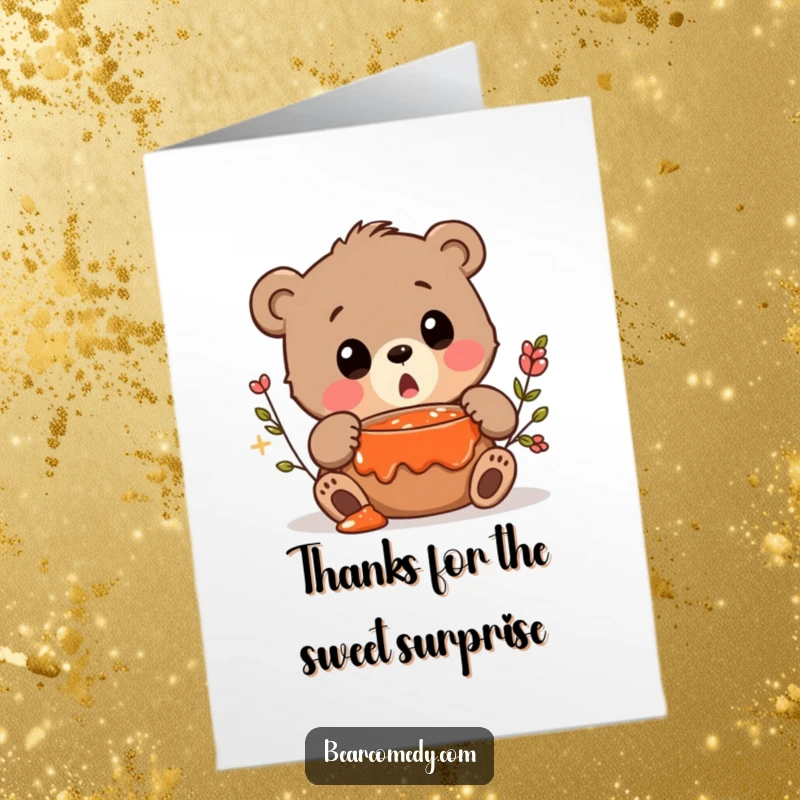 Funny Free Printable Thank You Card: A bear squeaks in happy surprise finding a hidden treasure: a pot of delicious jam.