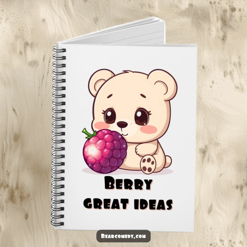 Funny notebook cover with a bear character innocently sniffing a huge, sparkling berry, eyes wide with curiosity, perfect for journaling.